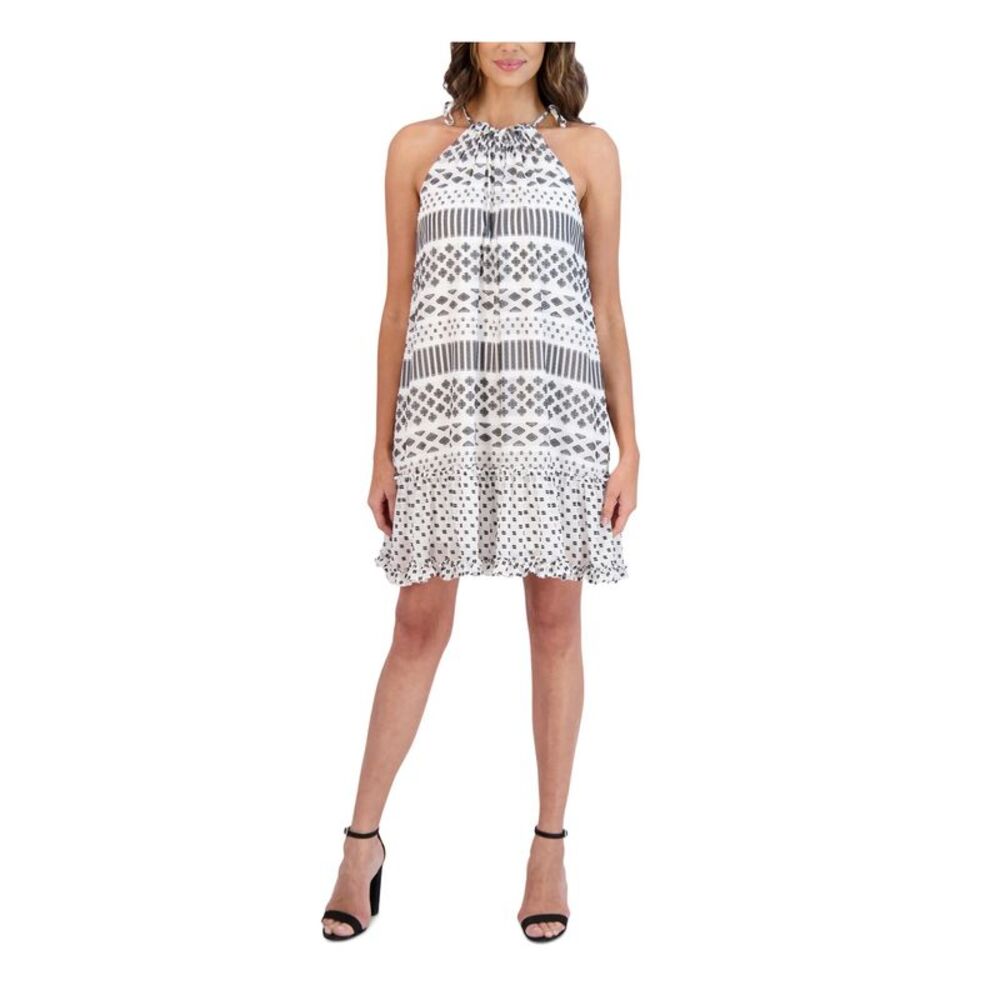 Signature by Robbie Bee White and Black Halter Ruffle Mini Dress